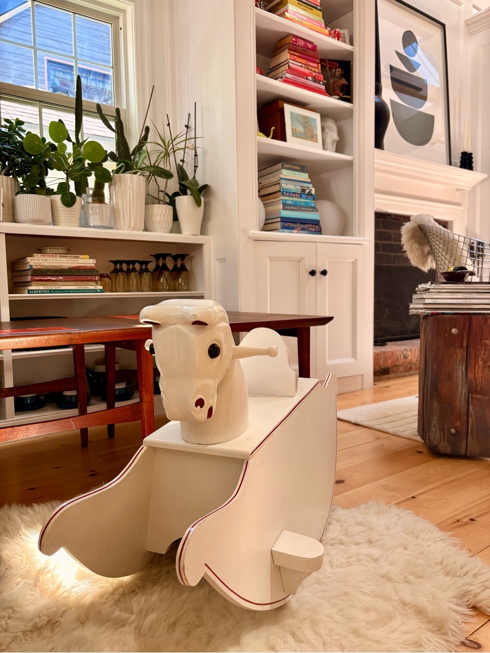 Vintage 1960s MCM White Wooden Rocking Horse